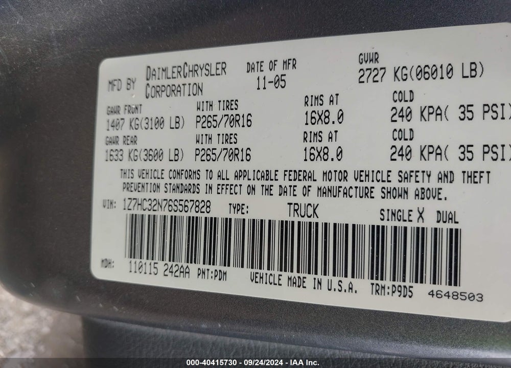 2006 MITSUBISHI RAIDER DURO CROSS V8 VIN: 1Z7HC32N76S567828