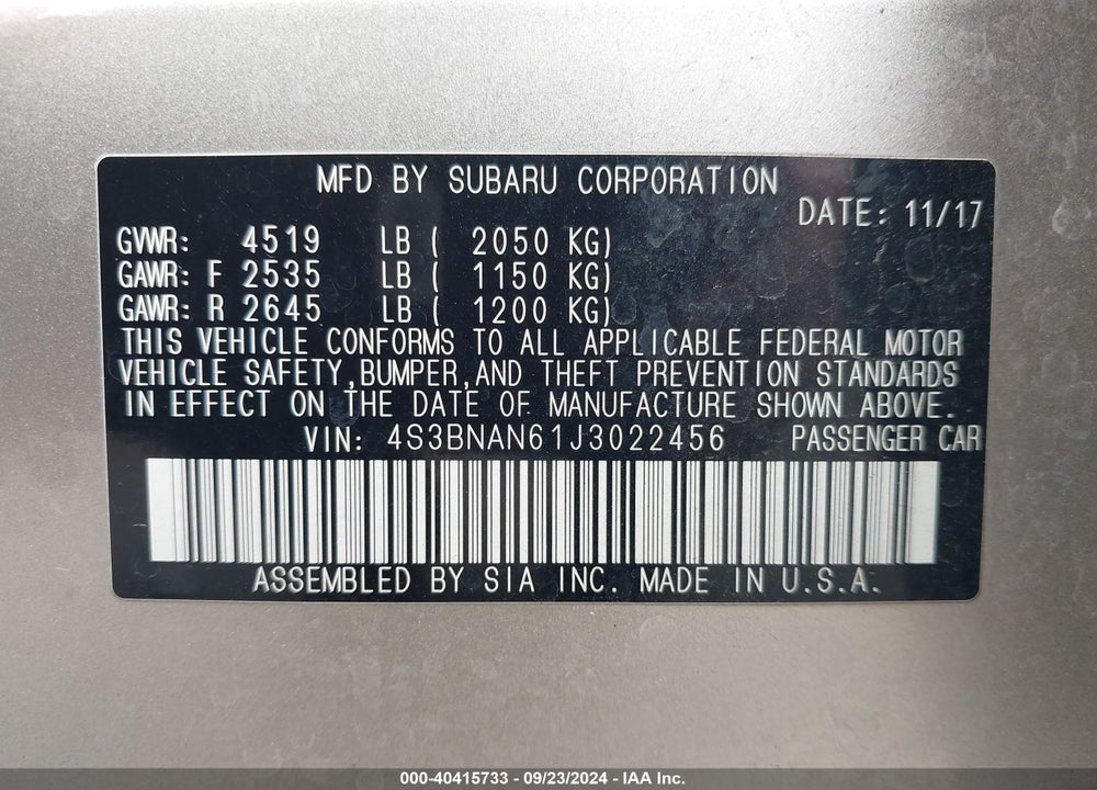2018 SUBARU LEGACY 2.5I LIMITED VIN: 4S3BNAN61J3022456