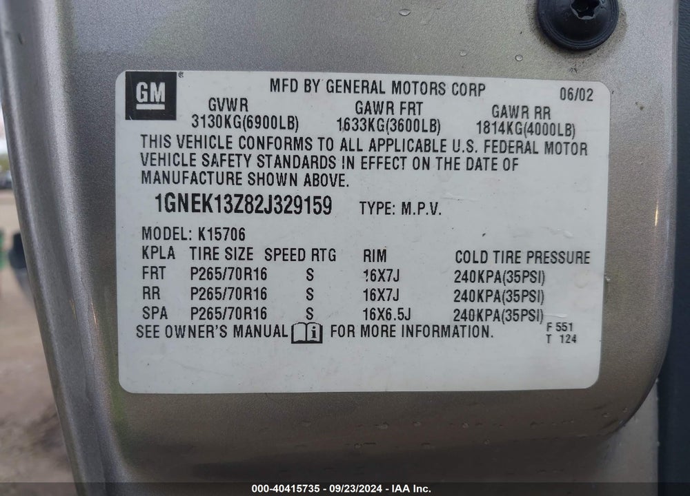 2002 CHEVROLET TAHOE LS VIN: 1GNEK13Z82J329159