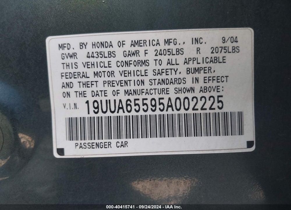 2005 ACURA TL VIN: 19UUA65595A002225