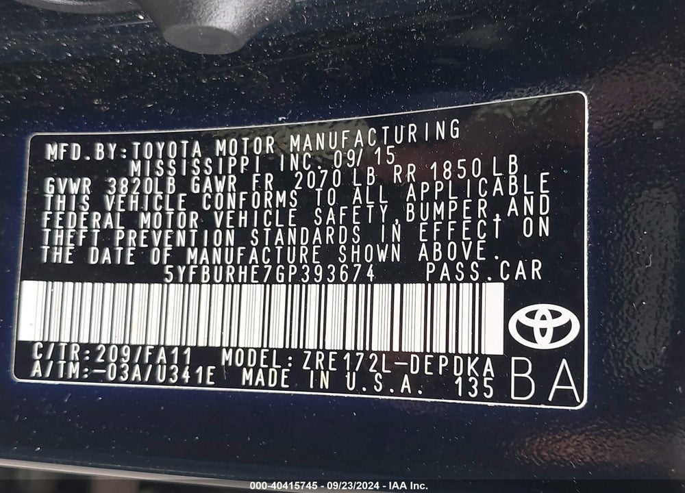 2016 TOYOTA COROLLA L VIN: 5YFBURHE7GP393674