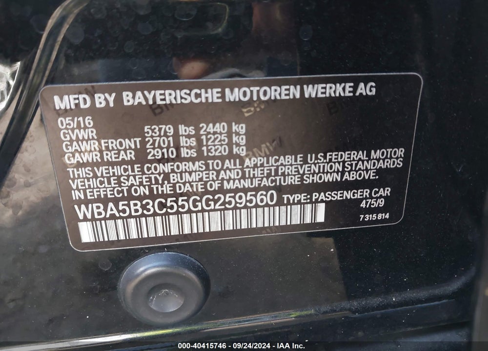 2016 BMW 535I VIN: WBA5B3C55GG259560