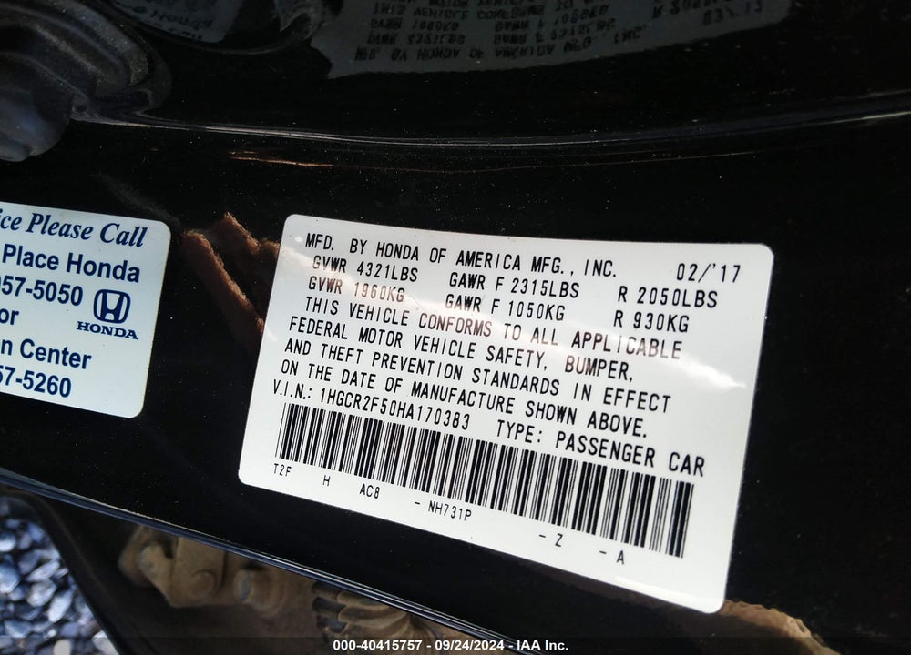 2017 HONDA ACCORD SPORT VIN: 1HGCR2F50HA170383