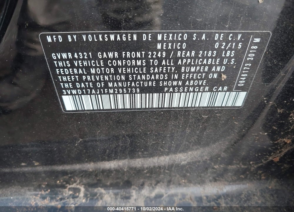 2015 VOLKSWAGEN JETTA 1.8T SE VIN: 3VWD17AJ1FM295739