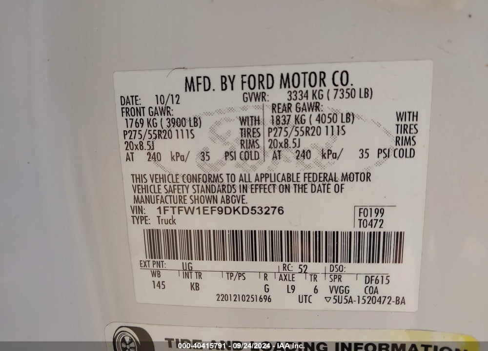2013 FORD F-150 KING RANCH VIN: 1FTFW1EF9DKD53276