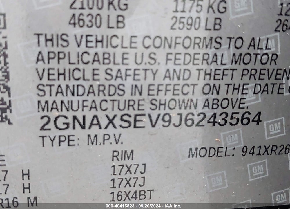 2018 CHEVROLET EQUINOX LT VIN: 2GNAXSEV9J6243564