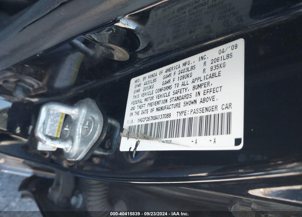 2009 HONDA ACCORD 2.4 EX VIN: 1HGCP267X9A137089