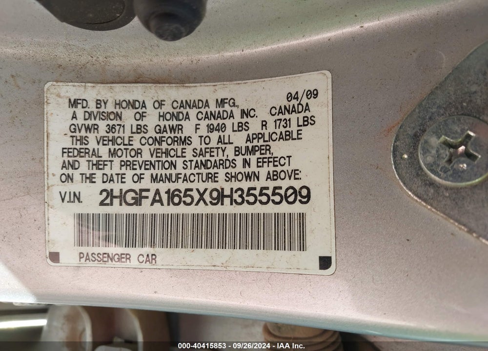 2009 HONDA CIVIC LX VIN: 2HGFA165X9H355509