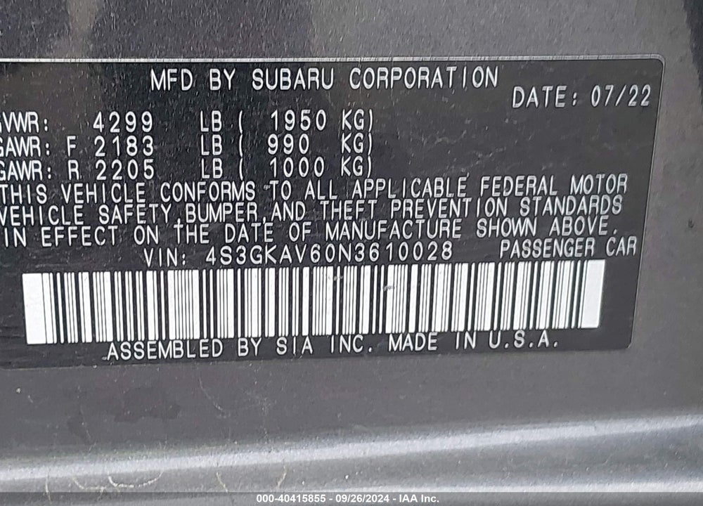 2022 SUBARU IMPREZA PREMIUM VIN: 4S3GKAV60N3610028
