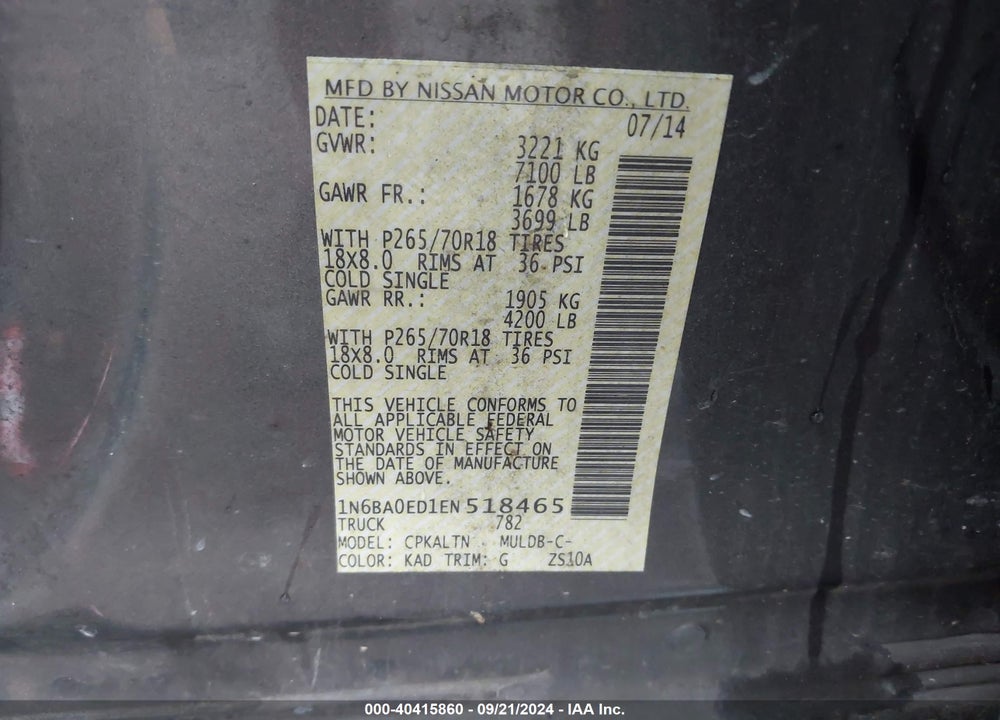 2014 NISSAN TITAN SV VIN: 1N6BA0ED1EN518465