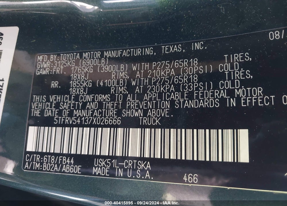 2007 TOYOTA TUNDRA SR5 V8 VIN: 5TFRV54137X026666
