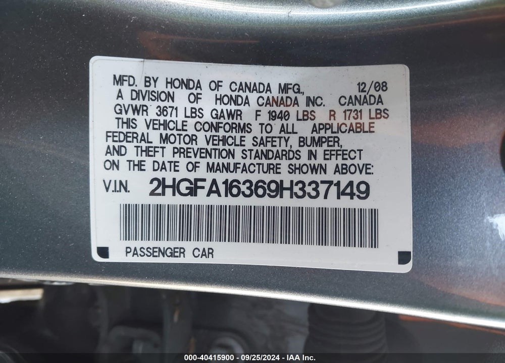2009 HONDA CIVIC VP VIN: 2HGFA16369H337149