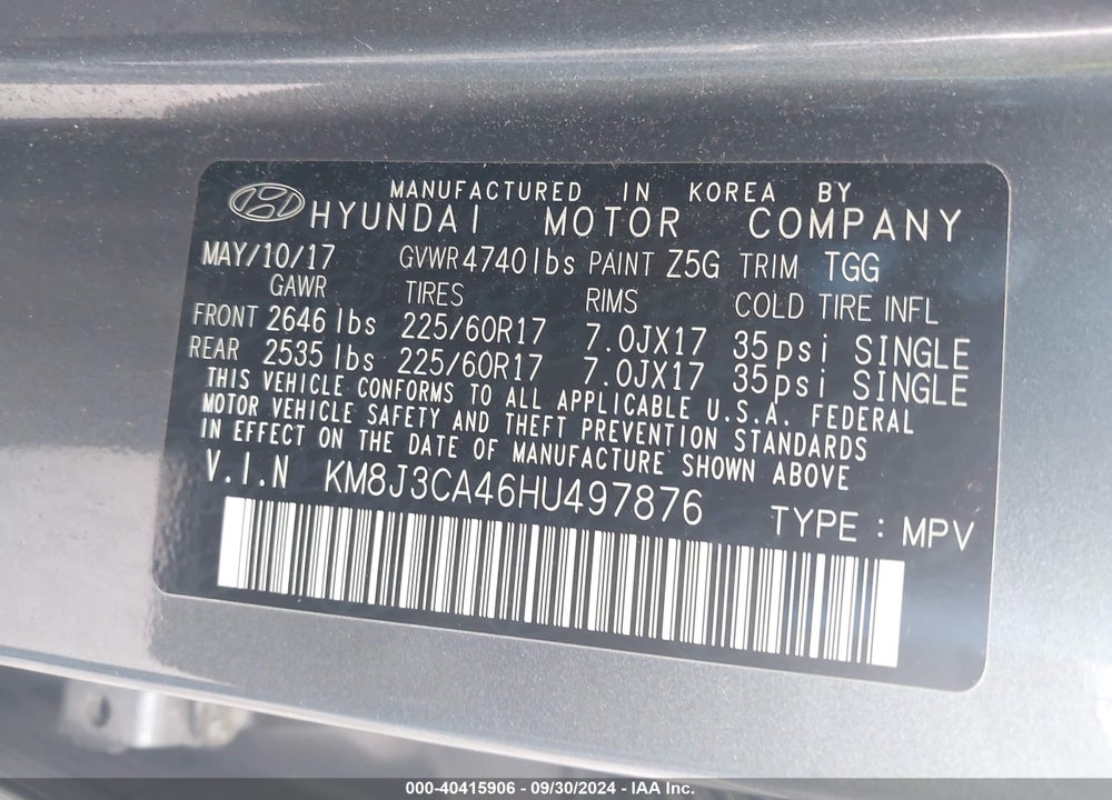 2017 HYUNDAI TUCSON SE VIN: KM8J3CA46HU497876