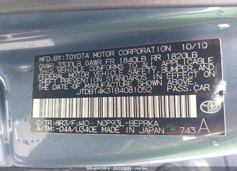 2011 TOYOTA YARIS VIN: JTDBT4K31B4081052