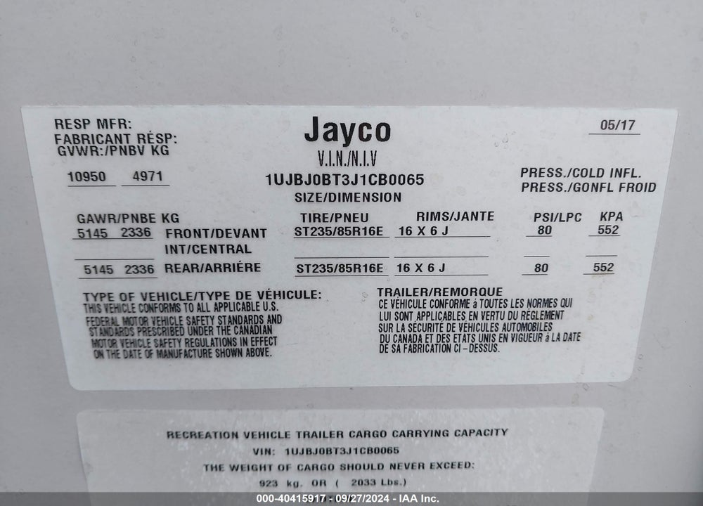 2018 JAYCO EAGLE HT SERIES VIN: 1UJBJ0BT3J1CB0065