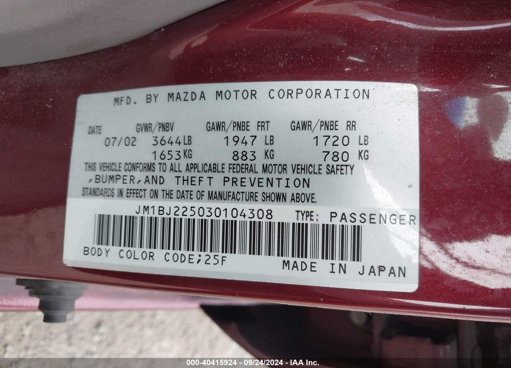 2003 MAZDA PROTEGE DX/ES/LX VIN: JM1BJ225030104308