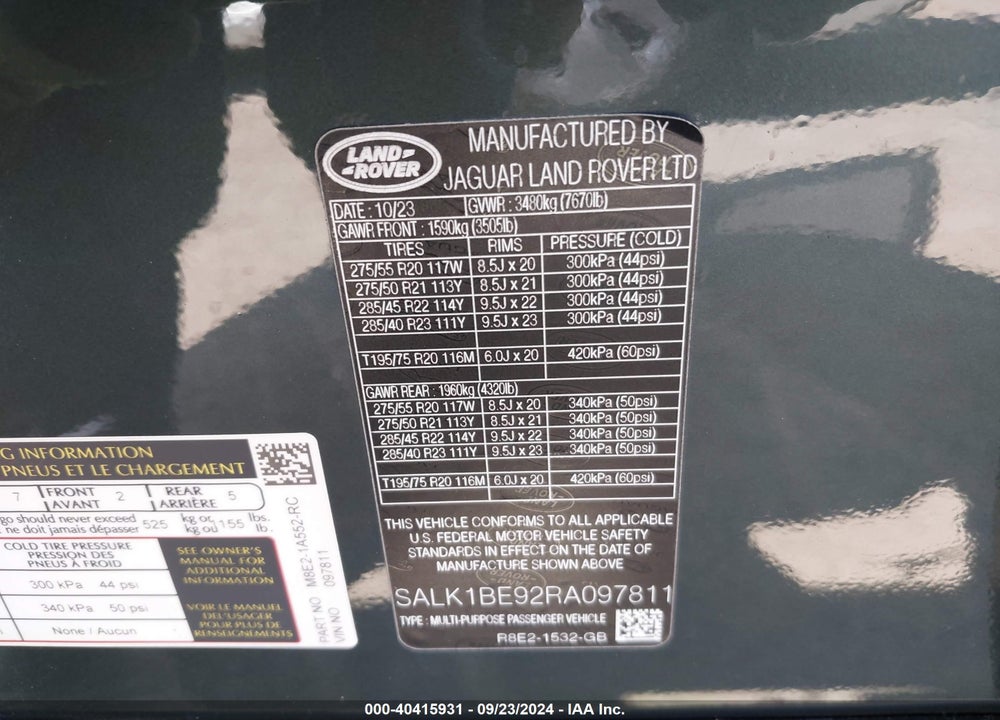 2024 LAND ROVER RANGE ROVER P530 AUTOBIOGRAPHY/P530 AUTOBIOGRAPHY 7 SEAT VIN: SALK1BE92RA097811