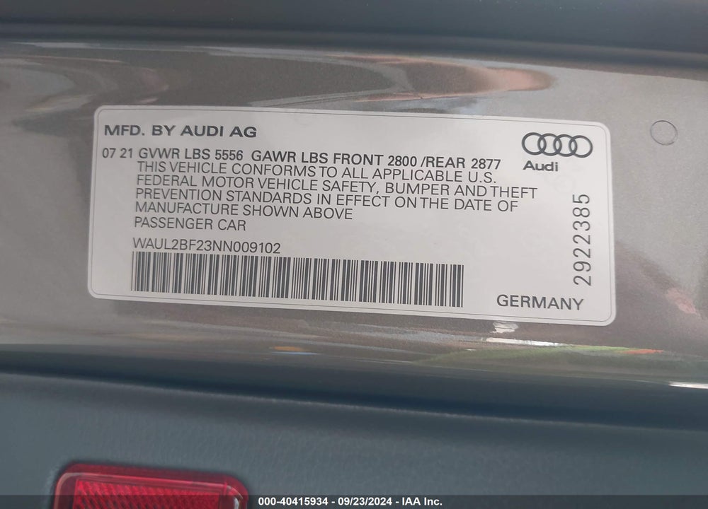 2022 AUDI A6 PREMIUM PLUS 55 TFSI QUATTRO S TRONIC VIN: WAUL2BF23NN009102
