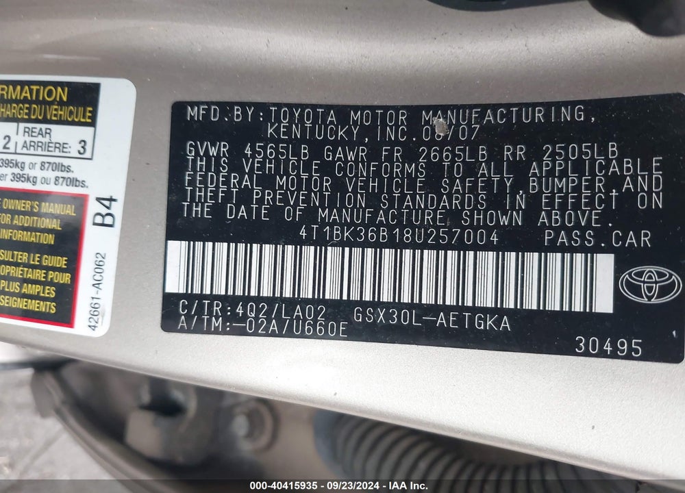 2008 TOYOTA AVALON XLS VIN: 4T1BK36B18U257004
