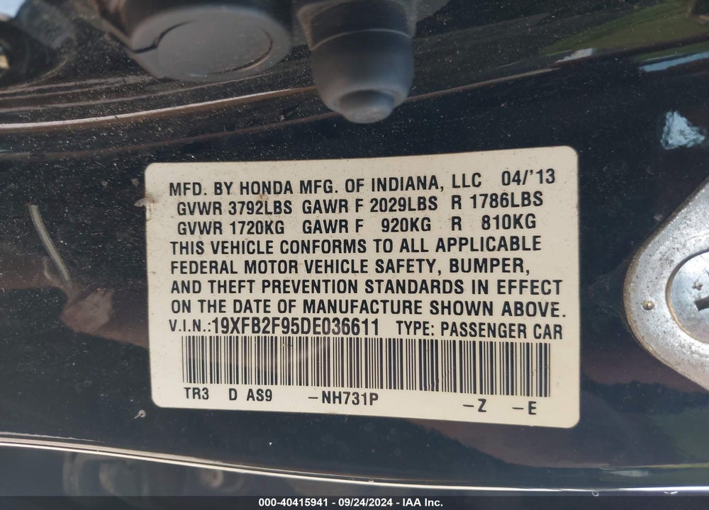 2013 HONDA CIVIC EX-L VIN: 19XFB2F95DE036611