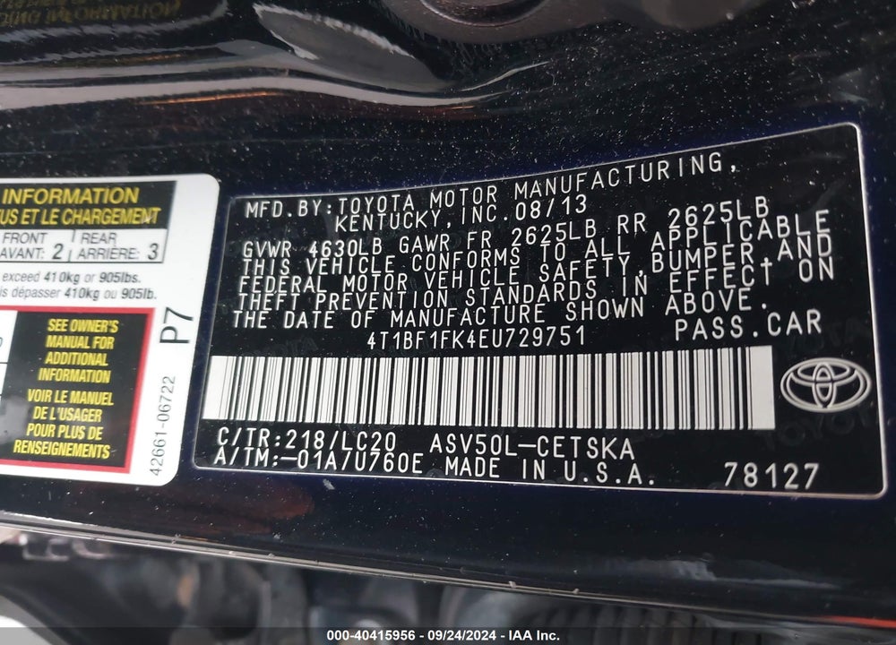 2014 TOYOTA CAMRY SE VIN: 4T1BF1FK4EU729751