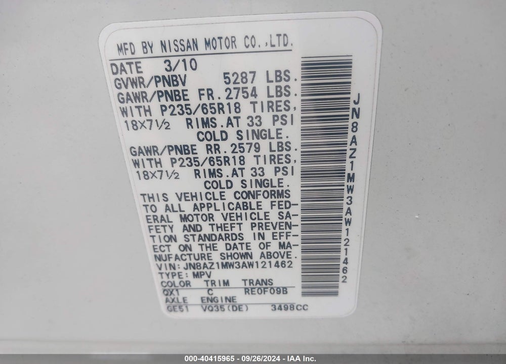 2010 NISSAN MURANO SL VIN: JN8AZ1MW3AW121462