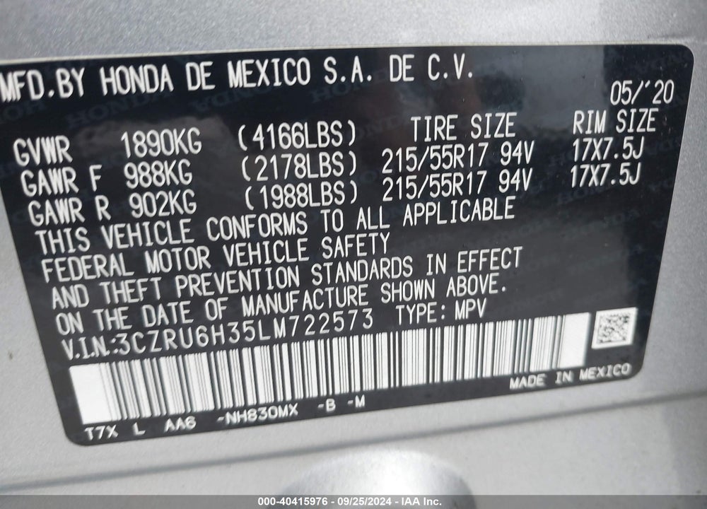 2020 HONDA HR-V AWD LX VIN: 3CZRU6H35LM722573