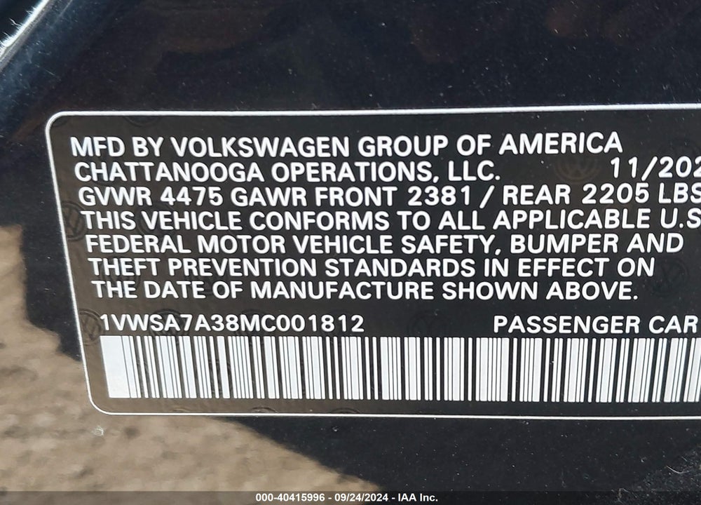 2021 VOLKSWAGEN PASSAT 2.0T SE VIN: 1VWSA7A38MC001812