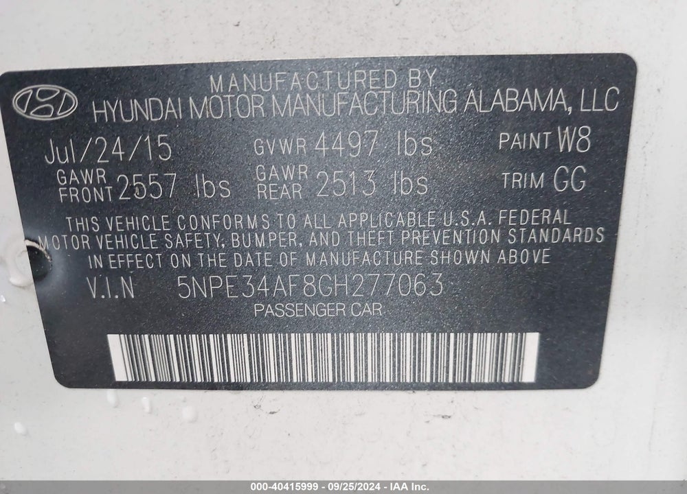 2016 HYUNDAI SONATA SPORT VIN: 5NPE34AF8GH277063