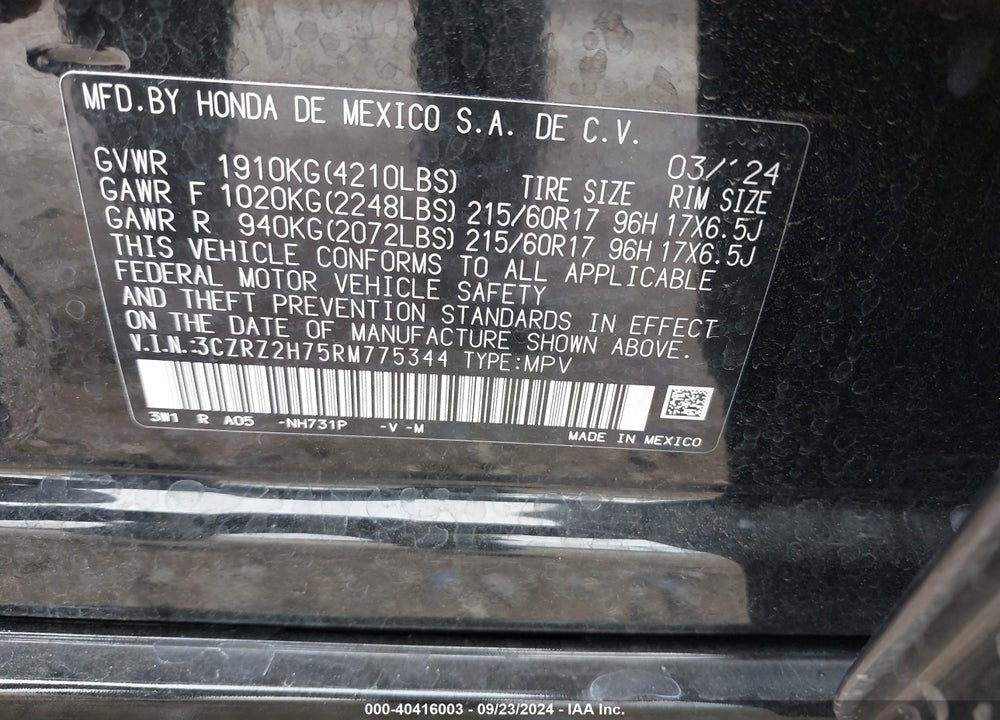 2024 HONDA HR-V AWD EX-L/AWD EX-L W/O BSI VIN: 3CZRZ2H75RM775344