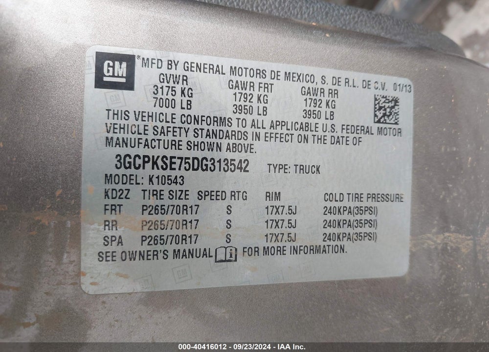 2013 CHEVROLET SILVERADO 1500 LT VIN: 3GCPKSE75DG313542
