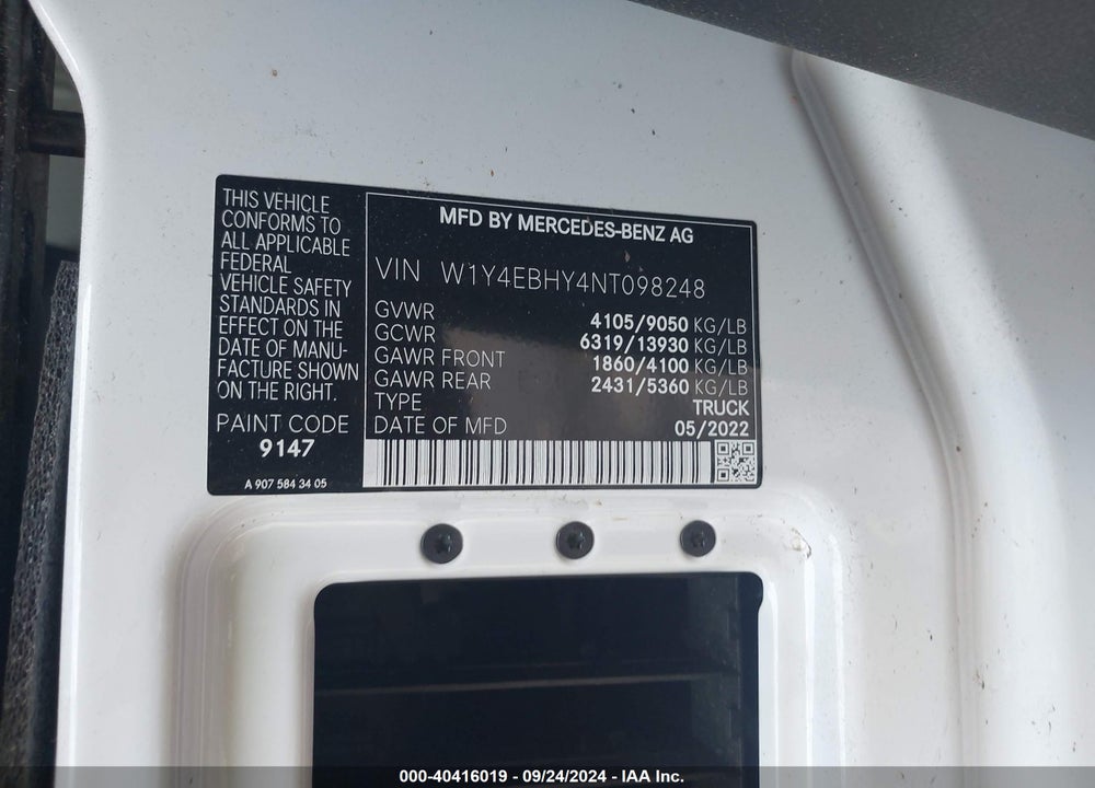 2022 MERCEDES-BENZ SPRINTER 2500 STANDARD ROOF V6 VIN: W1Y4EBHY4NT098248