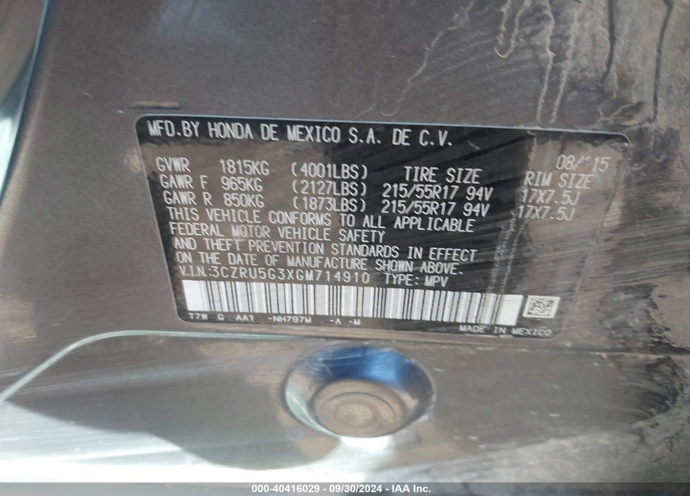 2016 HONDA HR-V LX VIN: 3CZRU5G3XGM714910