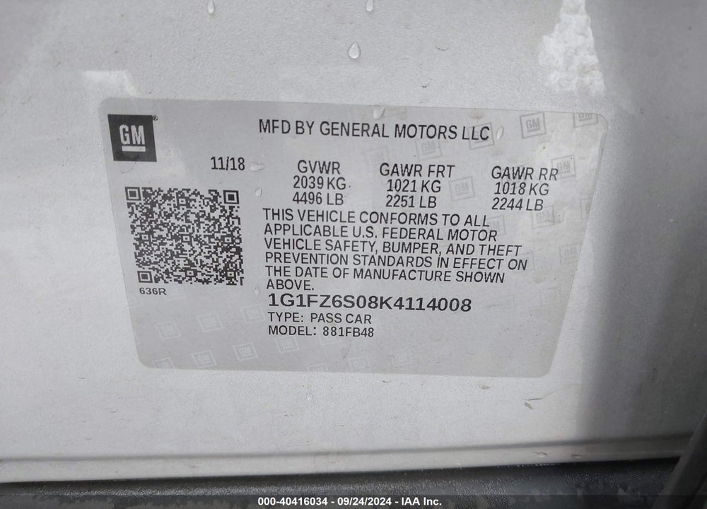 2019 CHEVROLET BOLT EV PREMIER VIN: 1G1FZ6S08K4114008