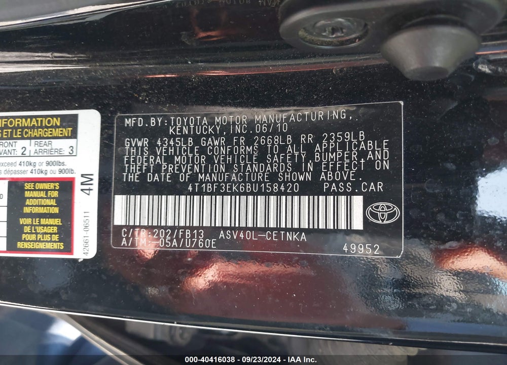 2011 TOYOTA CAMRY LE VIN: 4T1BF3EK6BU158420