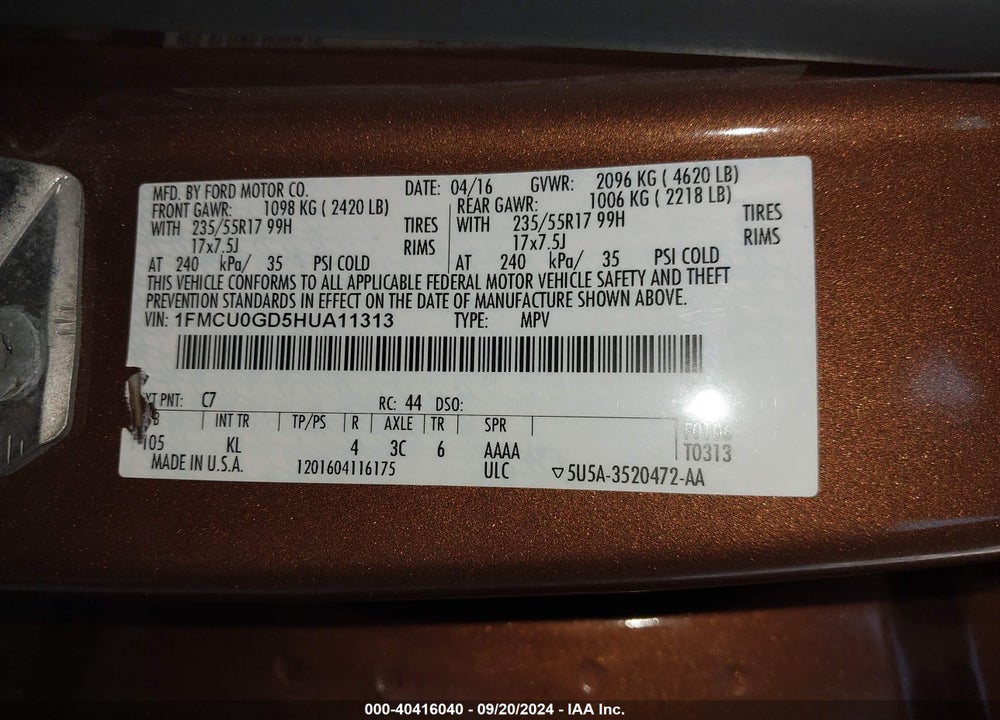 2017 FORD ESCAPE SE VIN: 1FMCU0GD5HUA11313