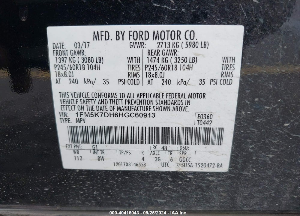 2017 FORD EXPLORER XLT VIN: 1FM5K7DH6HGC60913