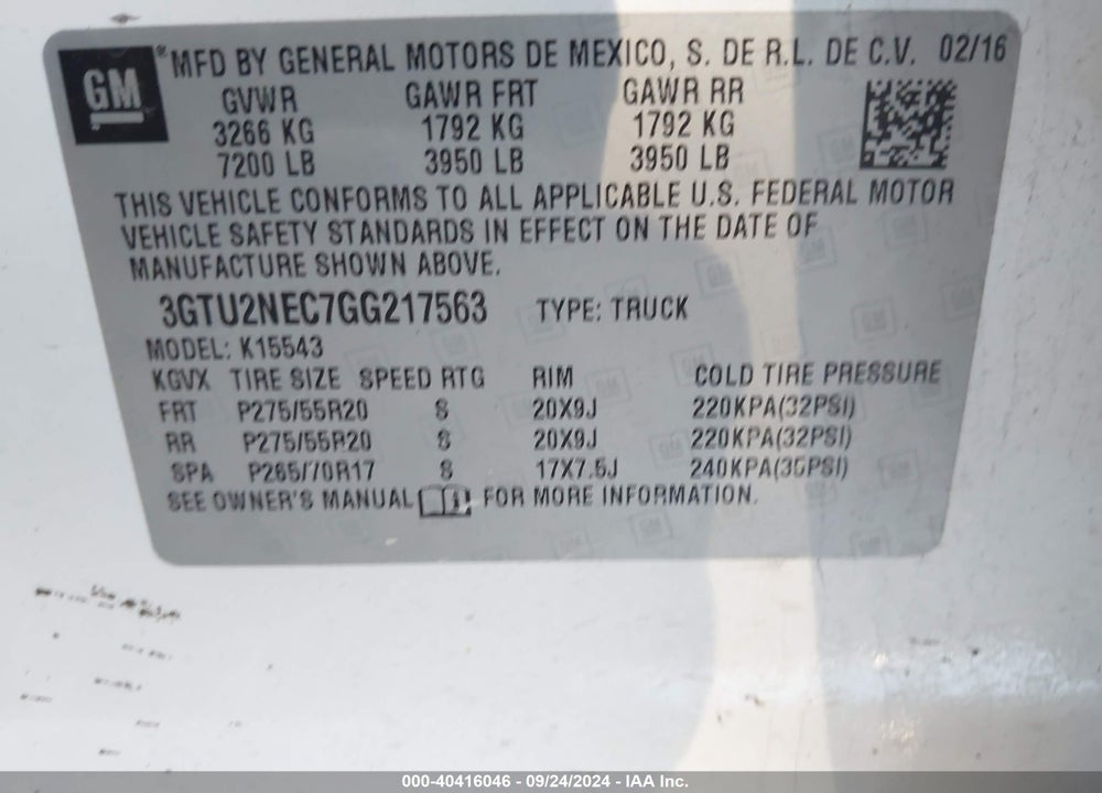 2016 GMC SIERRA 1500 SLT VIN: 3GTU2NEC7GG217563