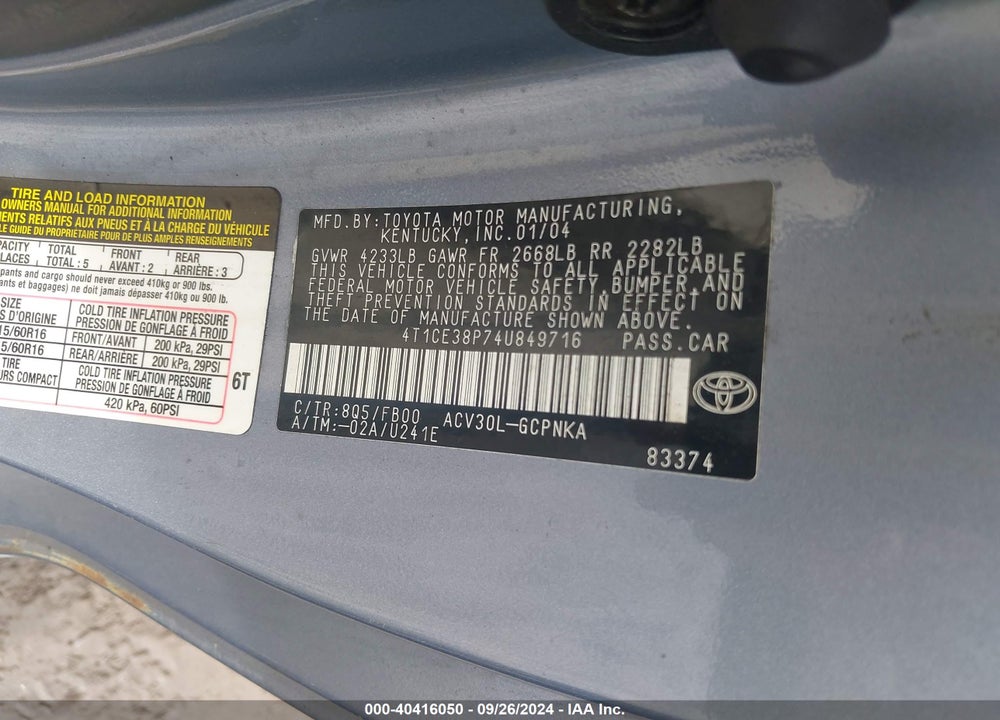 2004 TOYOTA CAMRY SOLARA SE VIN: 4T1CE38P74U849716