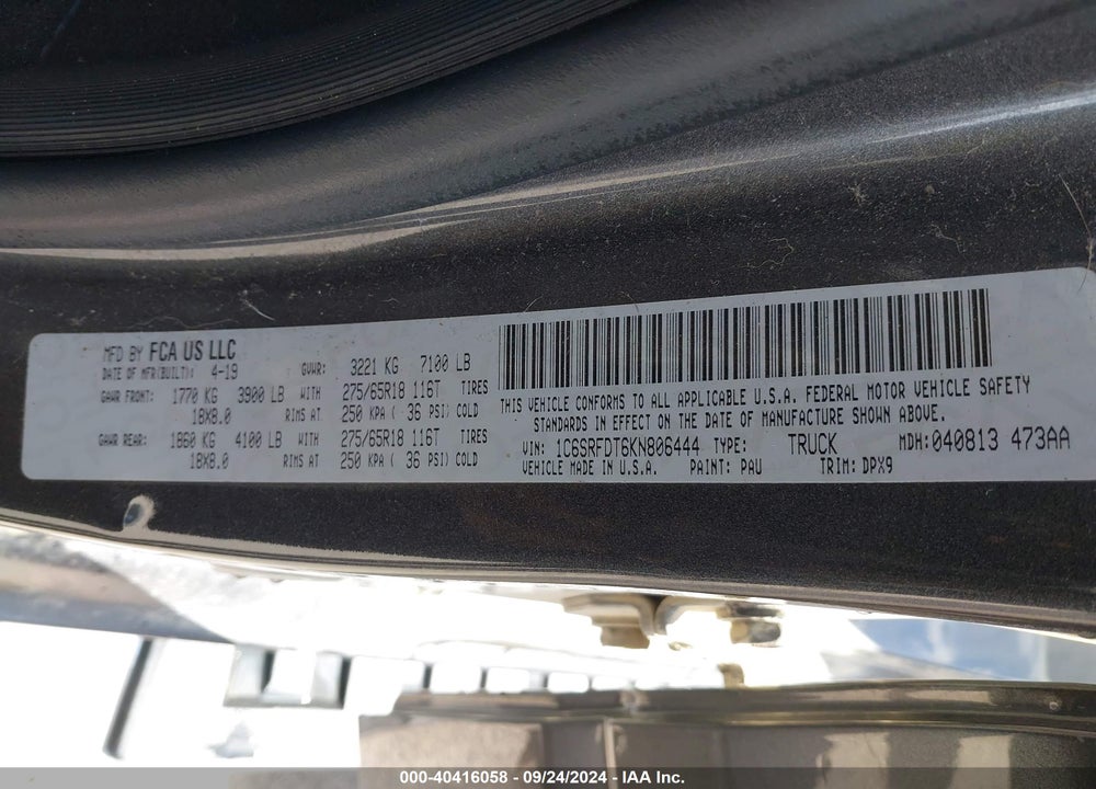 2019 RAM 1500 LAIE QUAD CAB 4X4 6'4 BOX VIN: 1C6SRFDT6KN806444