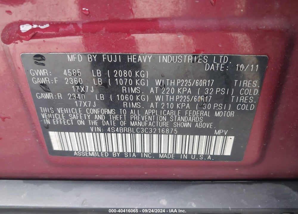 2012 SUBARU OUTBACK 2.5I LIMITED VIN: 4S4BRBLC3C3216875