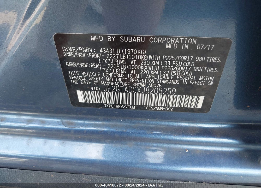 2018 SUBARU CROSSTREK 2.0I PREMIUM VIN: JF2GTADCXJ8208259