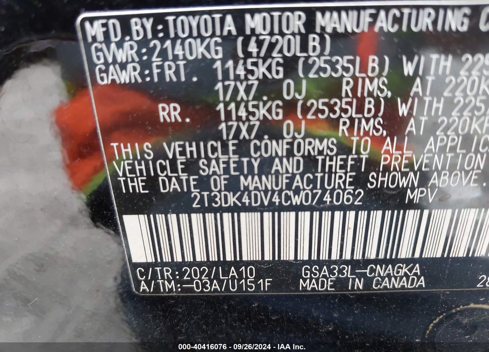 2012 TOYOTA RAV4 LIMITED V6 VIN: 2T3DK4DV4CW074062