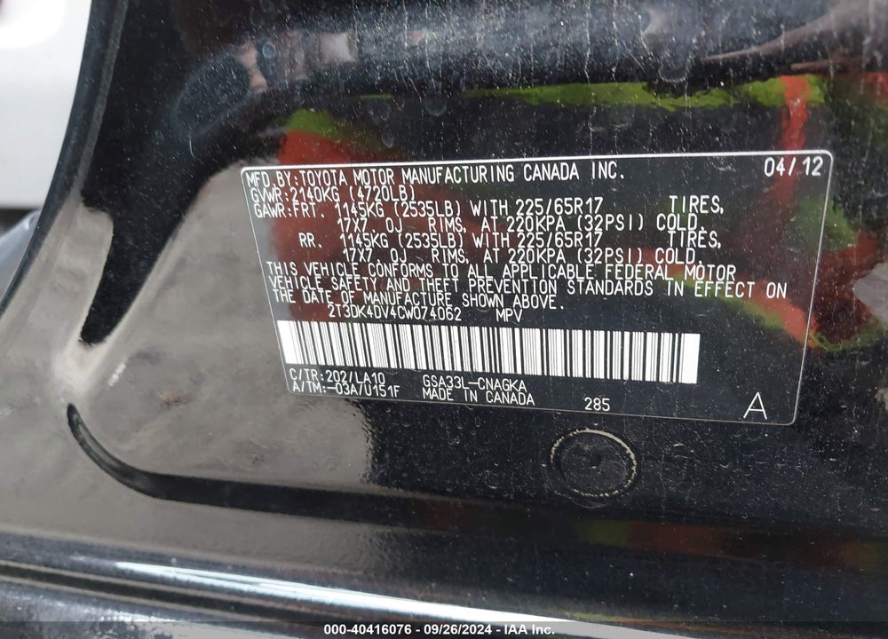 2012 TOYOTA RAV4 LIMITED V6 VIN: 2T3DK4DV4CW074062