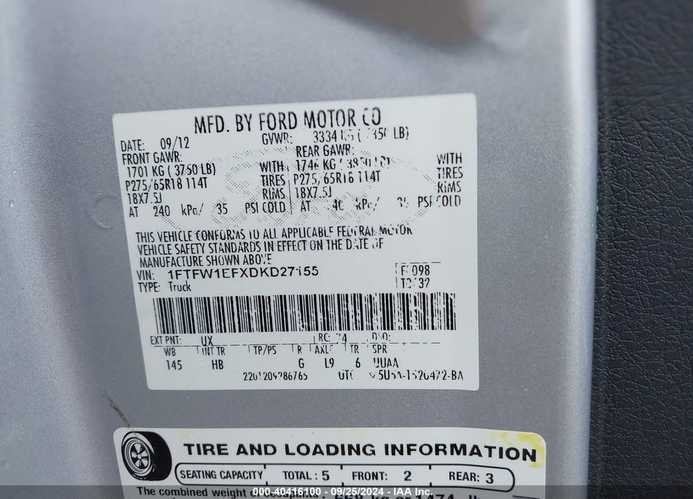 2013 FORD F-150 LARIAT VIN: 1FTFW1EFXDKD27155