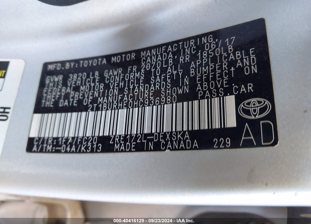 2017 TOYOTA COROLLA SE VIN: 2T1BURHE0HC936980