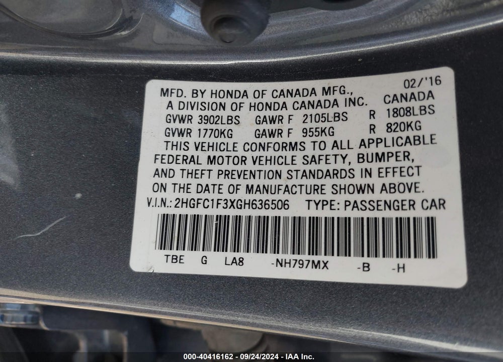 2016 HONDA CIVIC EX-T VIN: 2HGFC1F3XGH636506
