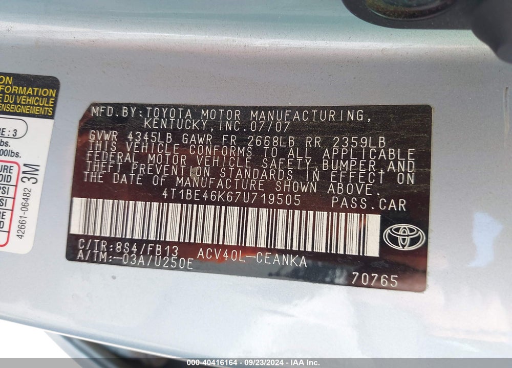 2007 TOYOTA CAMRY LE VIN: 4T1BE46K67U719505