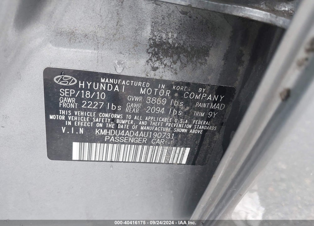 2010 HYUNDAI ELANTRA VIN: KMHDU4AD4AU190731
