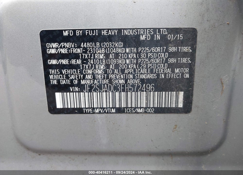 2015 SUBARU FORESTER 2.5I PREMIUM VIN: JF2SJADC3FH572496